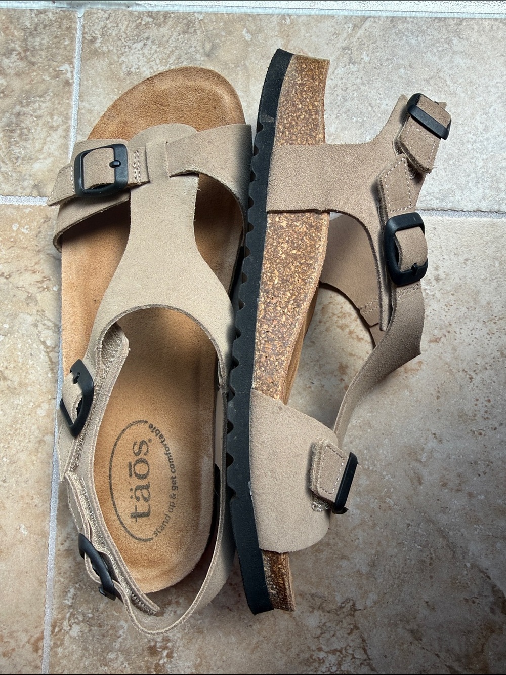 Taos MVP Leather Sandals Cork Suede Supportive Footbed Hook & Loop Straps Sz 10
